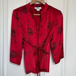 Silk Red Blouse with Black Floral Design NWOT